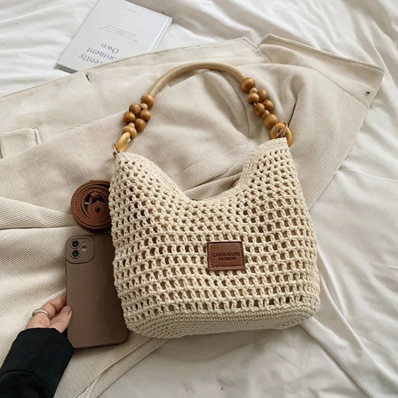 Beach Summer Bag for Women Mesh Woven Shoulder Bag Adjustable Strap Handbag Large Capacity Hobo Bag for Travel Vacation