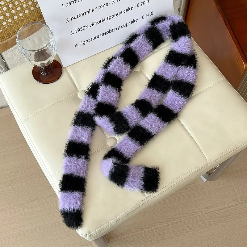 Striped Plush Scarf Women's Niche Design Sense Spice Girl Versatile Decoration Korean Version Thin and Narrow Long Scarf