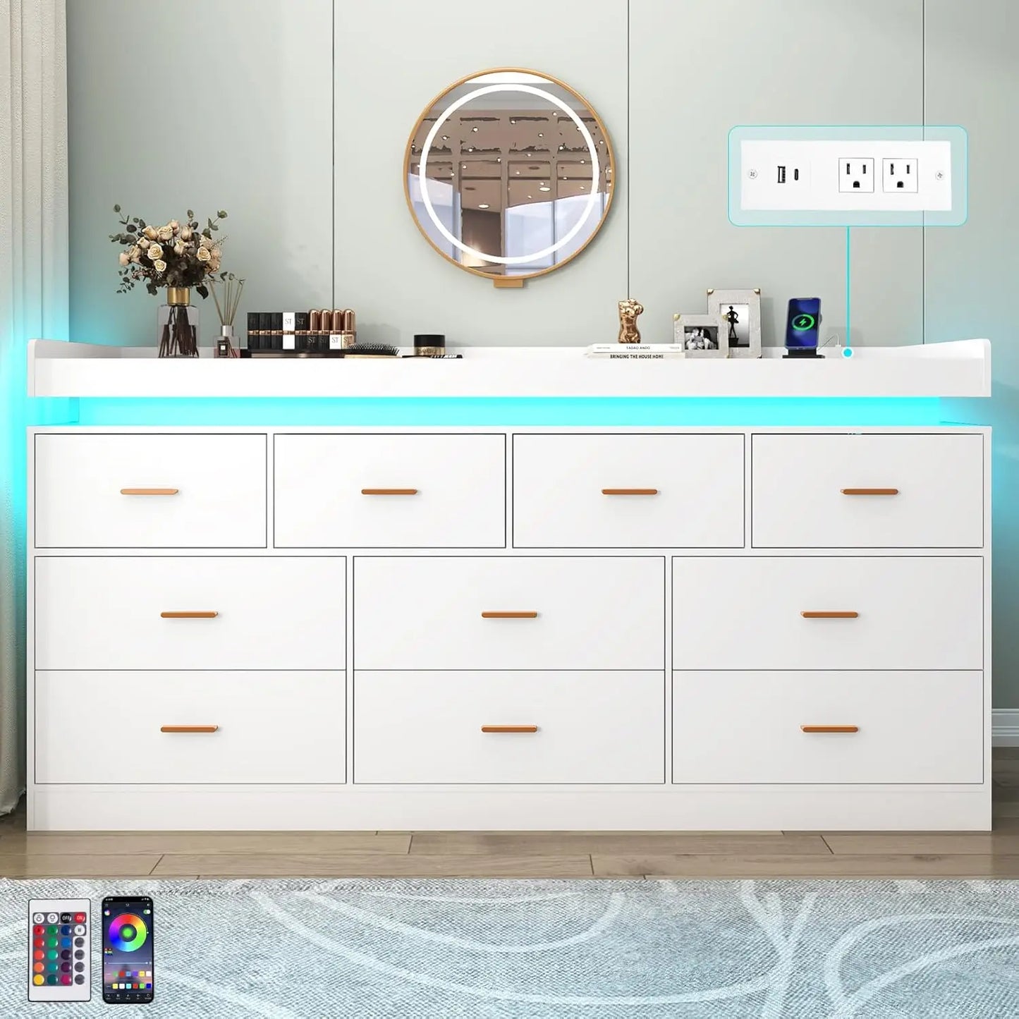 10 Drawer Dresser with LED Light and Charging Station, Modern Chest of Drawers for Closet, Wide Drawer Organizer Cabinet , White