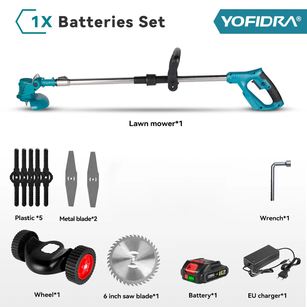 YOFIDRA 100-135cm Electric Lawn Mower Foldable Trimmer Pruning Cutting Garden Power Tool For 21V 18V Battery With 2 Battery