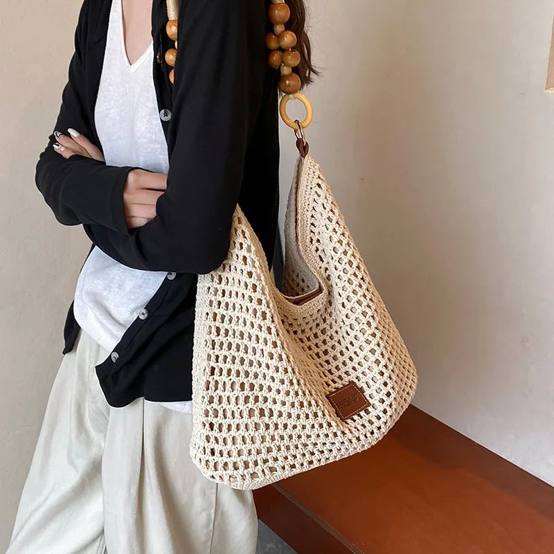 Beach Summer Bag for Women Mesh Woven Shoulder Bag Adjustable Strap Handbag Large Capacity Hobo Bag for Travel Vacation