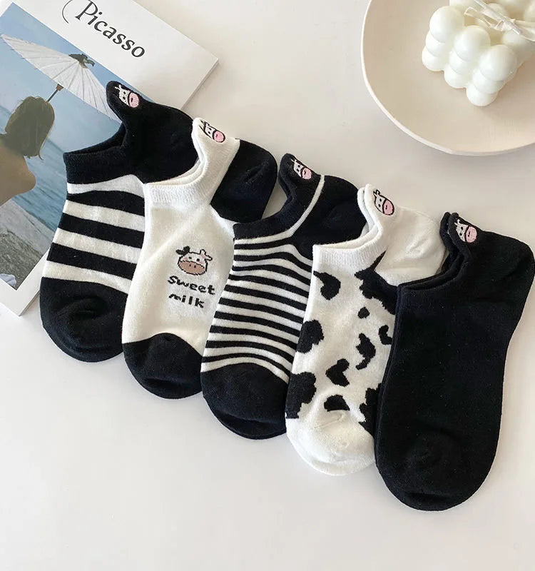 5 Pairs Funny Cow Print Socks Cute Fashion Cartoon Low Cut Ankle Socks For Women And Men