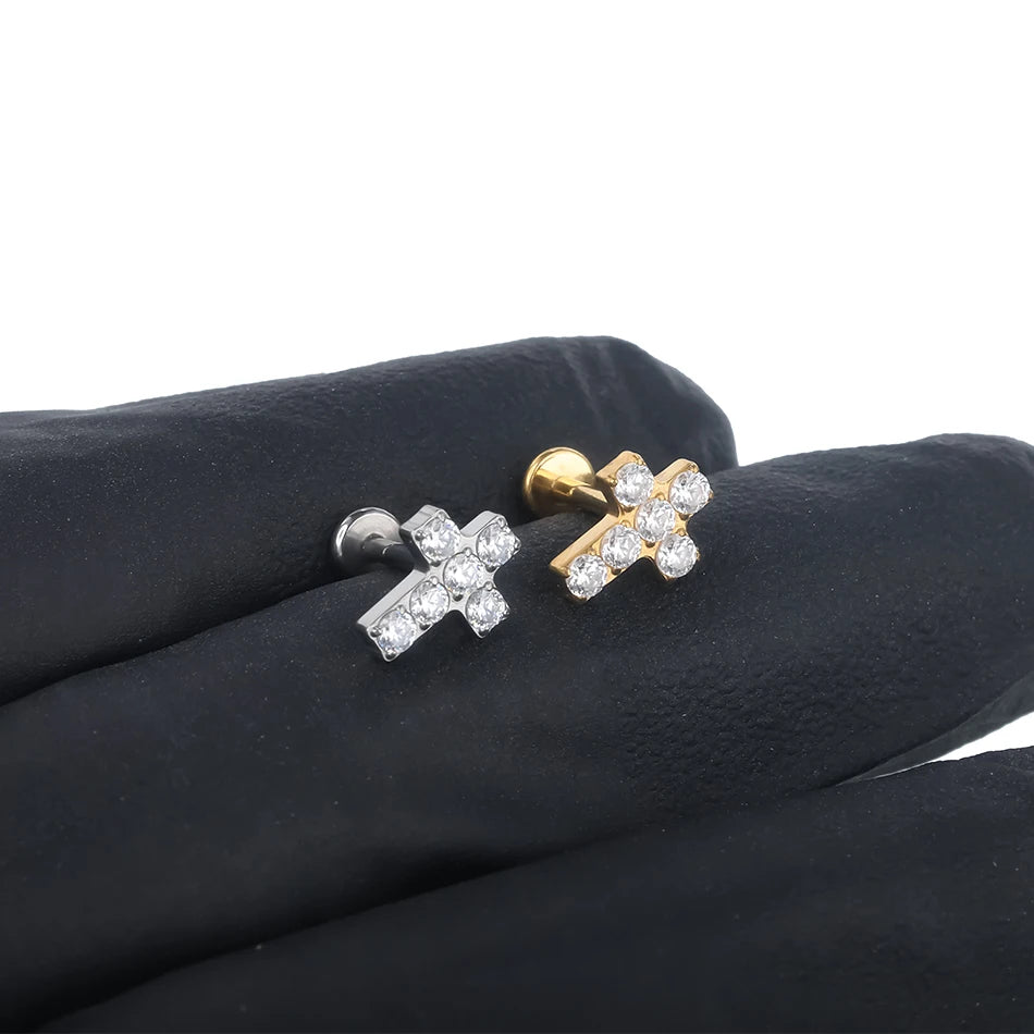 1pcs Titanium Piercing Cross Flower Stud Earring Internally Threaded Cubic Zircon Tragus Helix Piercing Body Jewelry