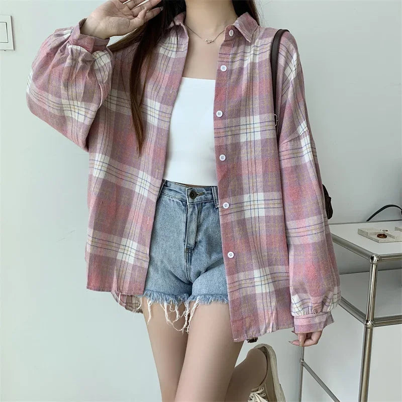 Plaid Shirt Women Autumn Long Sleeve Top Female Vintage Fashion Single Breasted Blouse Ladies Preppy Style Loose Check Shirts