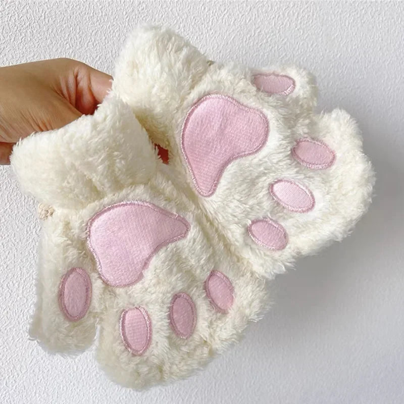 Lovely Plush Cat Claw Paw Gloves Plush Mittens Warm Soft Plush Short Fingerless Fluffy Bear Gloves Costume Half Finger Gloves