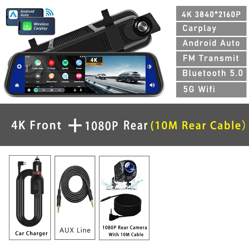 10" Dash Cam 4K 3840*2160P Car Dvr Carplay Android Auto GPS 5G WIFI AUX Stream RearView Mirror Dashcam Camera Drive Recorder FM