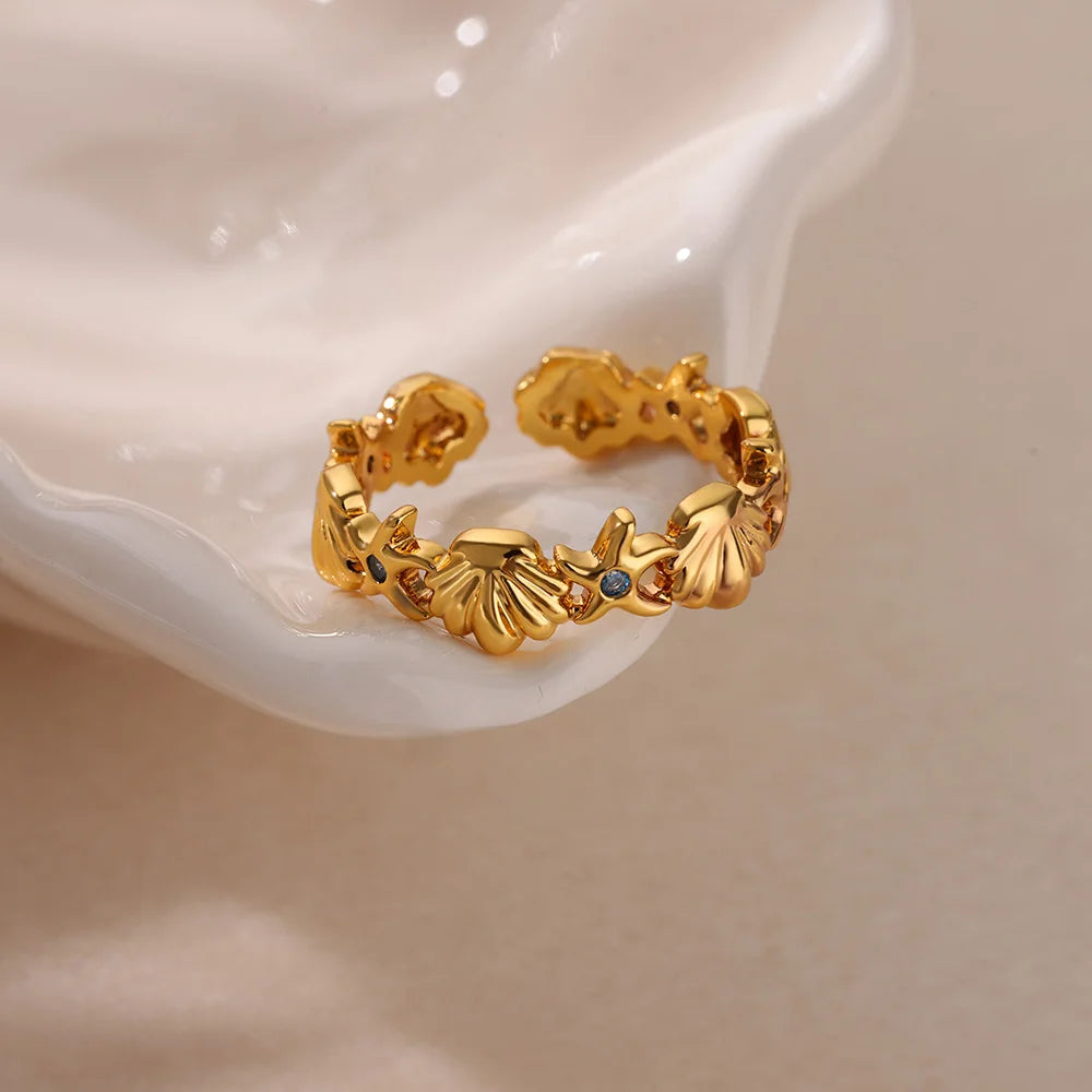 Dainty Zircon Shell Starfish Turtle Evil Eye Rings Stainless Steel Ring Women Anti Fading Golden Charm Jewelry Accessories Gifts
