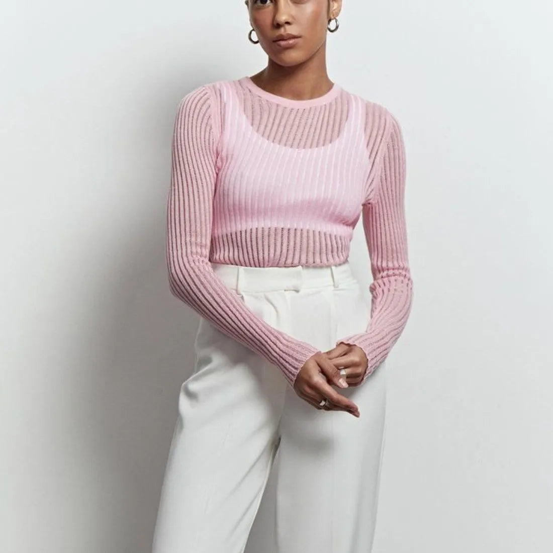 2024 Fashionable And Elegant Striped See-through Pullover Women's Tops Long Sleeve Versatile T-Shirt Skinny Club Party Outfit