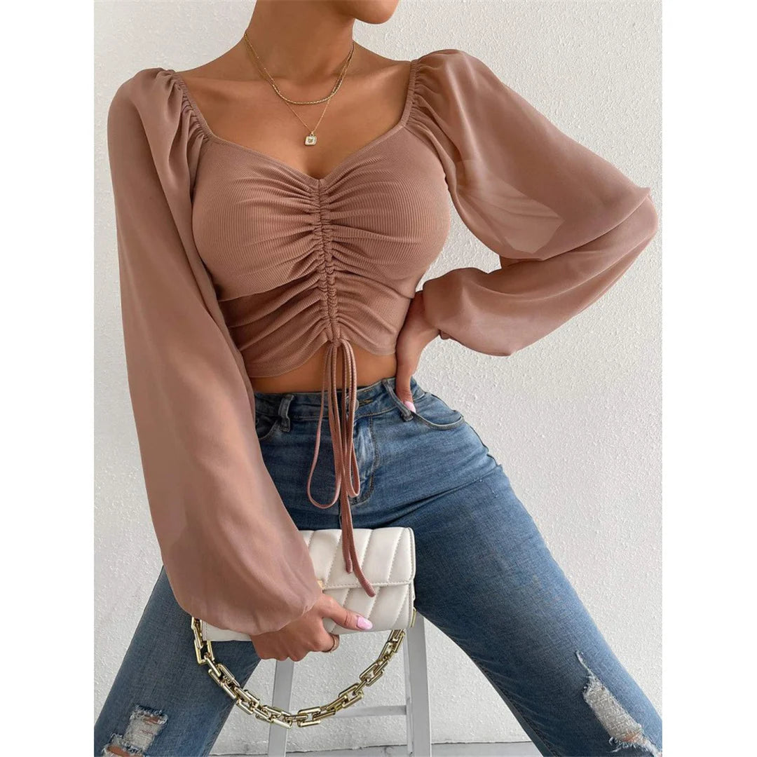 S-3XL Mesh Lantern Sleeves Drawstring Wrap Chest Bare Midriff T-Shirt Women Long Sleeve Ruched Blouse Sexy Crop Top Tee K5995