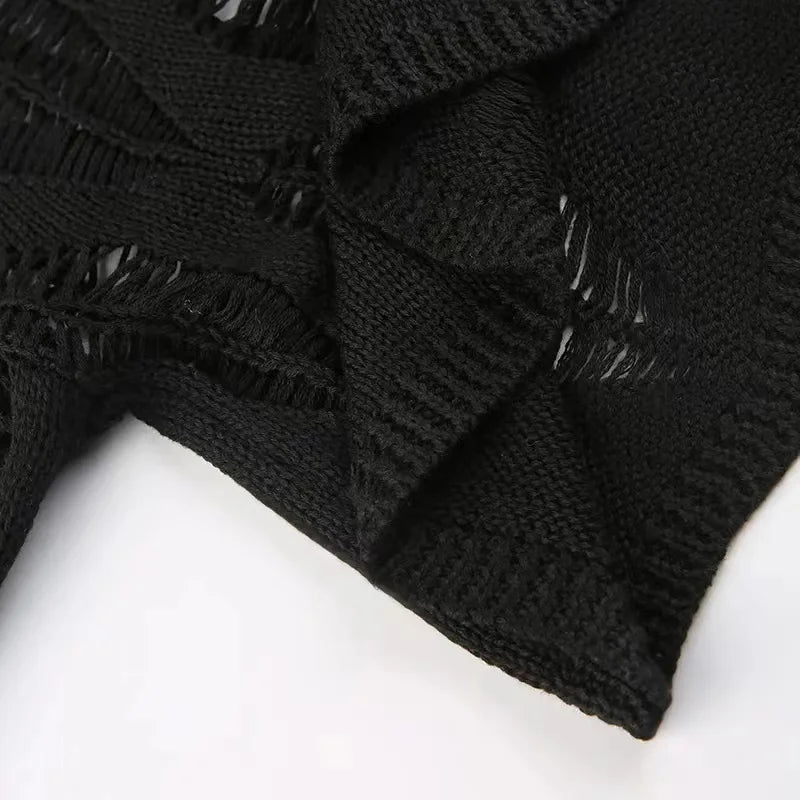 Perforated Hollow Out Knitted Blouse Sunscreen Long Sleeve Top Gothic Dark Black Sexy Thin Sweater Women's Summer Chic Crop Tops