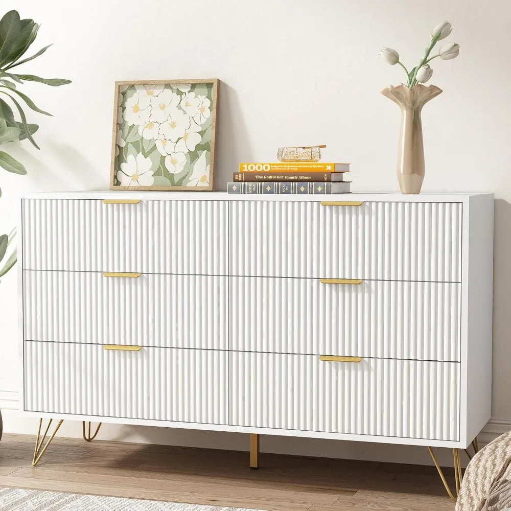 White dresser for bedroom, 6-drawer wooden dresser with gold handles, modern dresser and locker drawer chest