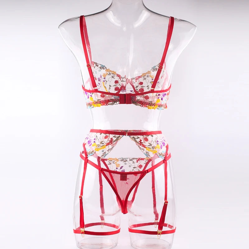 Ellolace Lingerie Sensual Lace Underwear Transparent Embroidery 3-Piece Garters Fancy Beautiful Short Skin Care Kits Intimate