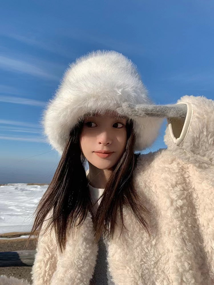 2024 Fluffy Faux Fur Bucket Hats Women Rabbit Fur Warm Thick Plush Winter Hat Lady Fashion Luxury Panama Furry Fisherman Cap Y2k