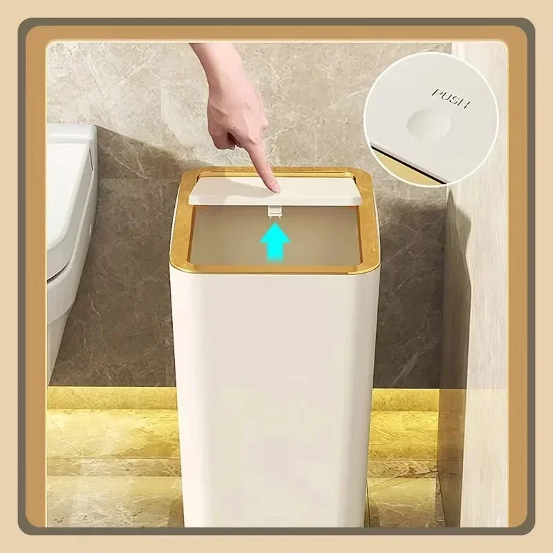 10L/12L Nordic Trash Can with One-Touch Lid Bin Deodorant Waterproof Dustbin Large Capacity Slim Toilet Gold Garbage Can