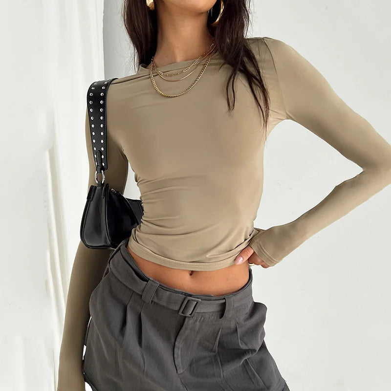 2024 Spring Autumn Women Y2K Pink T-Shirt Causal Long Sleeve Crop Tops O Neck Pullovers Base Tees Bodycon Slim Fit T Shirt