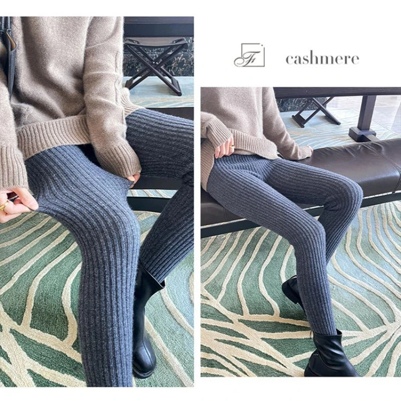 Slim Leggings Autumn Women High Waist Casual Trousers Knitted Ribbed Thicken Solid Elasticity Thermal Ankle-Length Leggins
