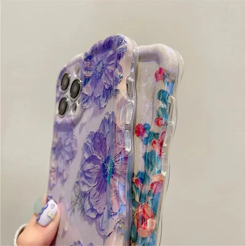 1 PC Luxury Laser Oil Painting Flowers Phone Cases For iPhone 16 15 14 13 12 11 Pro Max Plus