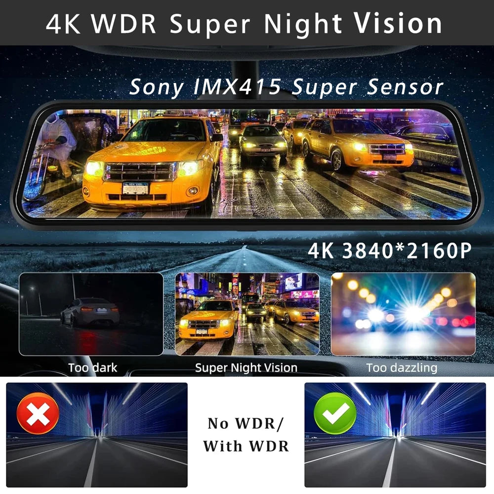 10" Dash Cam 4K 3840*2160P Car Dvr Carplay Android Auto GPS 5G WIFI AUX Stream RearView Mirror Dashcam Camera Drive Recorder FM