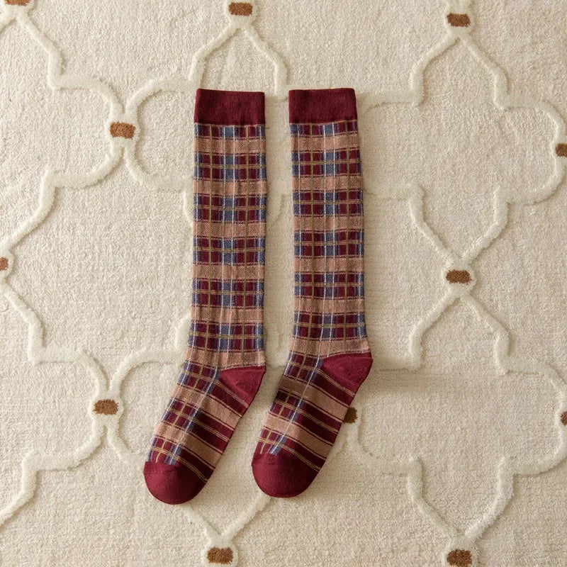 Stockings Women Harajuku Retro Vintage Plaid Long Socks Stocking JK College Style School Girls Cotton Knee Socks Women Stockings
