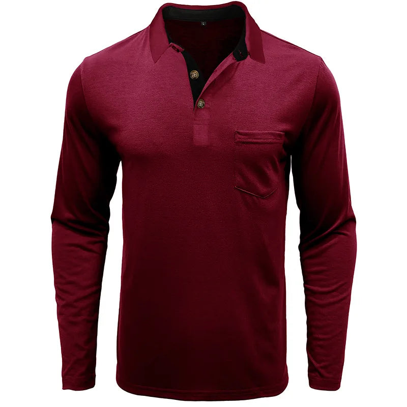 Spring Trend Men's Long Sleeve Casual Tshirt Solid Lapel Button Up Pullover Tops Autumn Turn Down Collar Bottoming Polo Shirt