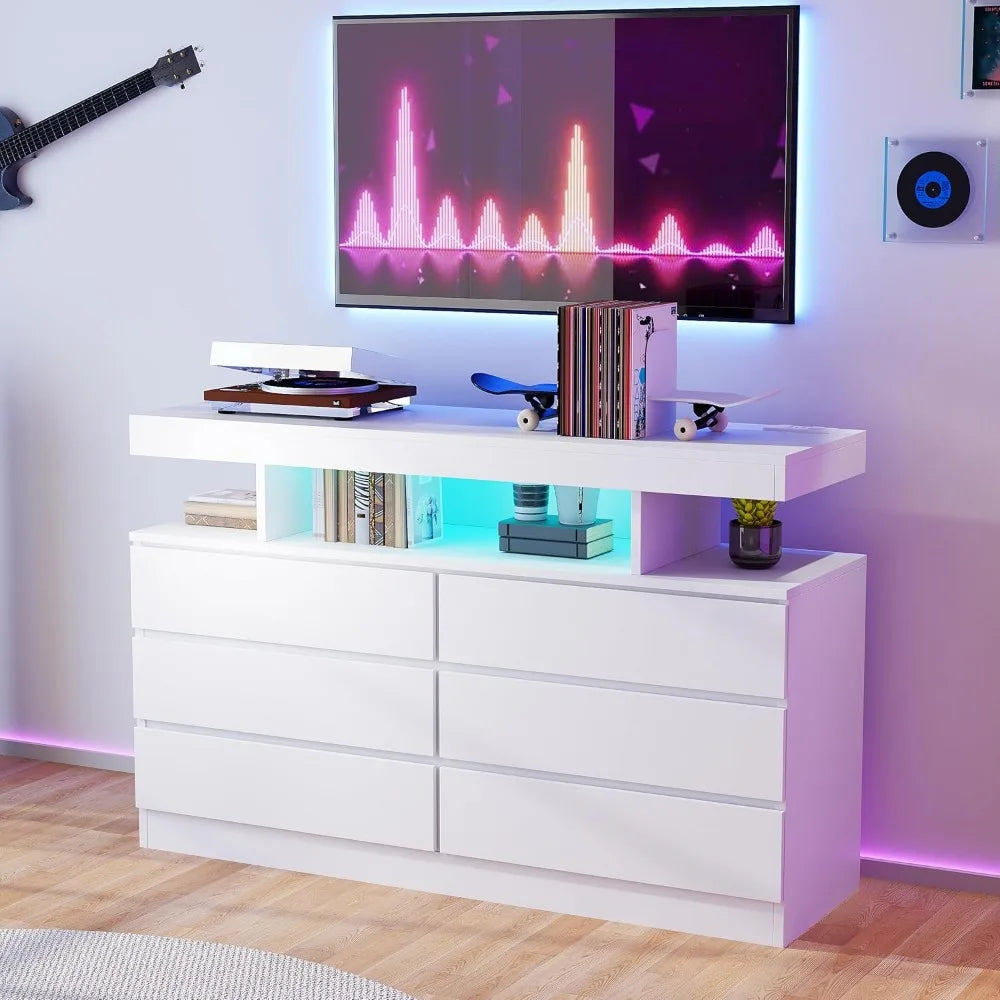 White Dresser for Bedroom with Charging Station and LED Lights, 6 Drawer Dresser Chests of Drawers, Wood Dresser
