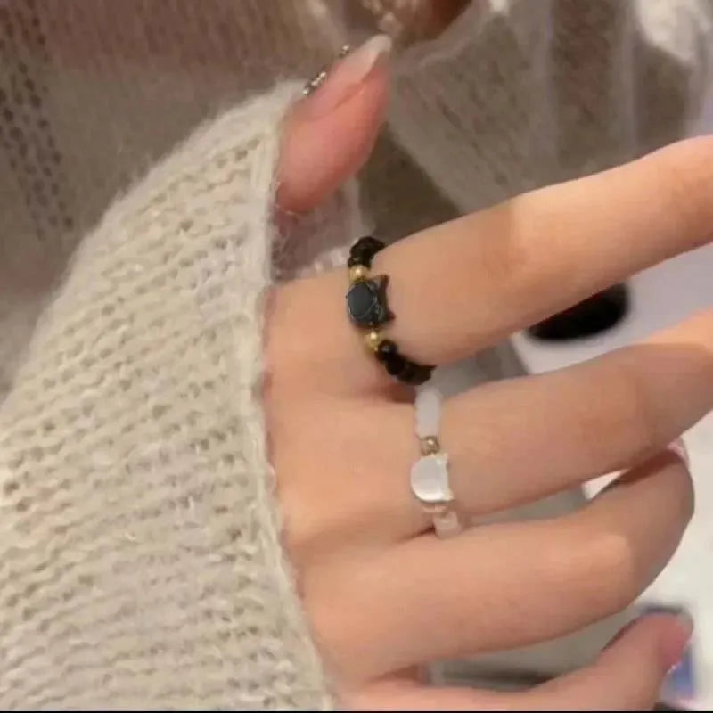 1pcs Natural Moonstone Obsidian Rings Beads Minimalist Fidget Ring Cute Black White Cat Ring Women Men Party Accessories Jewelry