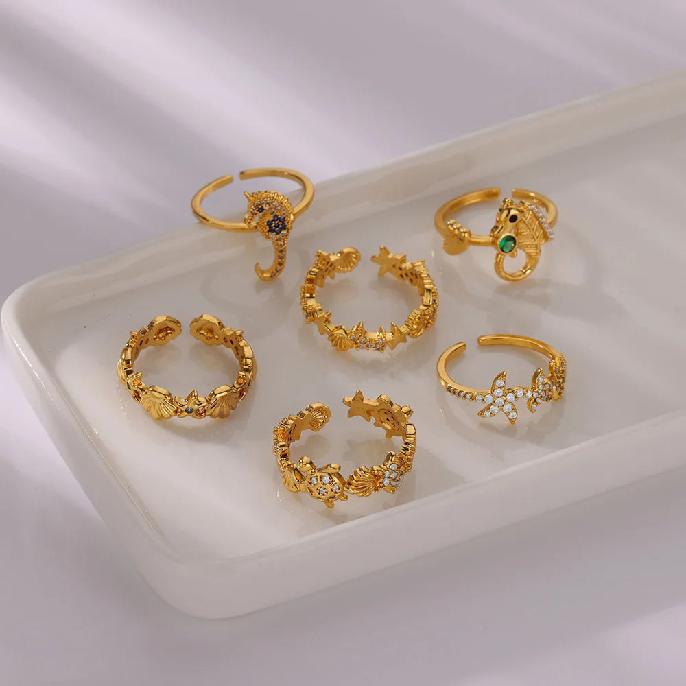 Dainty Zircon Shell Starfish Turtle Evil Eye Rings Stainless Steel Ring Women Anti Fading Golden Charm Jewelry Accessories Gifts