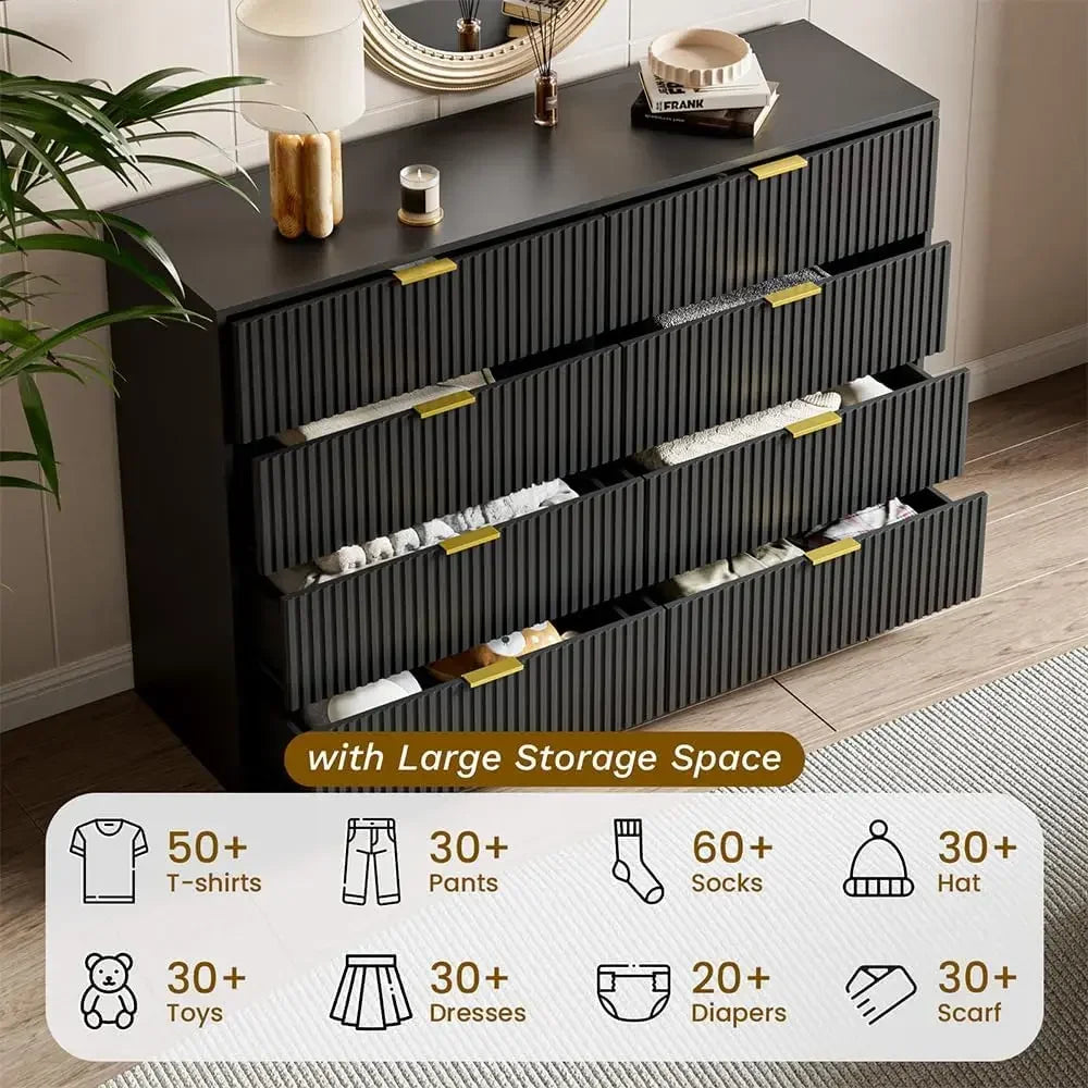 55" Wide Dresser Bedroom, Fluted 8-Drawer Double Dresser with Gold Handles, Modern Tall Chest of Drawers for Bedroom, Dressers