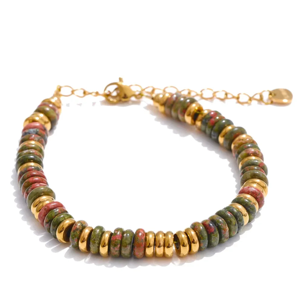 Yhpup Colorful Natural Stone Beads Chain Handmade Bracelet Bangle Waterproof Bohemia Stainless Steel Y2K Trendy Jewelry Gift