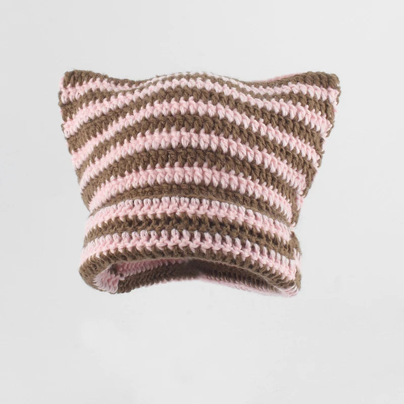 New Japanese Streetwear Harajuku Beanie Little Devil Striped Knitted Hat Women Girls Autumn Winter Cute Cat Ears Cap