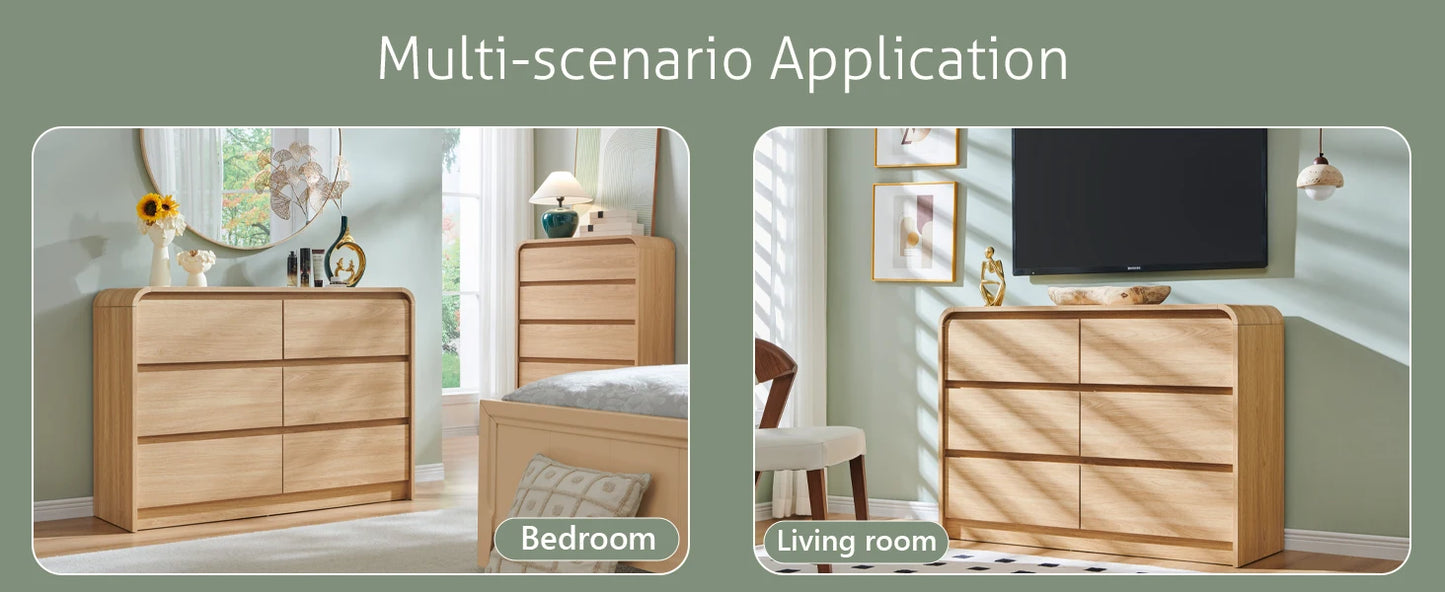 Modern 6 Drawers Dresser, 47" Wide Wood Dressers & Chests of Drawers w/Curved Profile Design, Natural Texture for Bedroom.