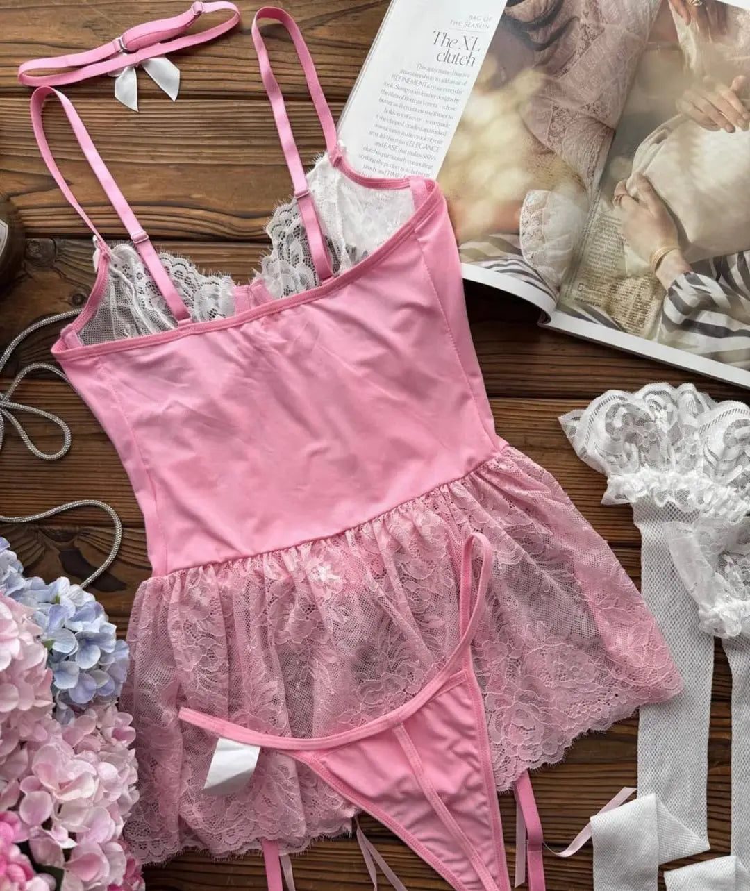 Ellolace Fancy Sexy Lingerie Girly Pink Corset Dress With Stocking g-String Tightening Matching 5-Piece Sissy Lace Onlyfans Kit