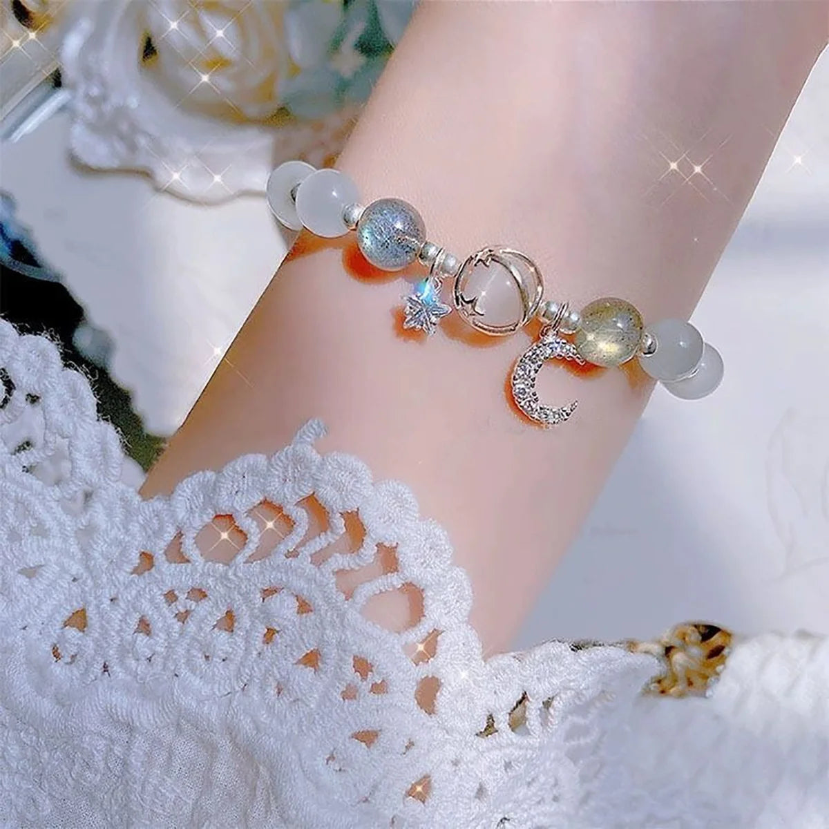 Princess Girls Star Moon Bracelet Blue Purple Color Opal Stone Bracelet for Kids Shiny Crystal Bracelets Wristband Jewelry Gift
