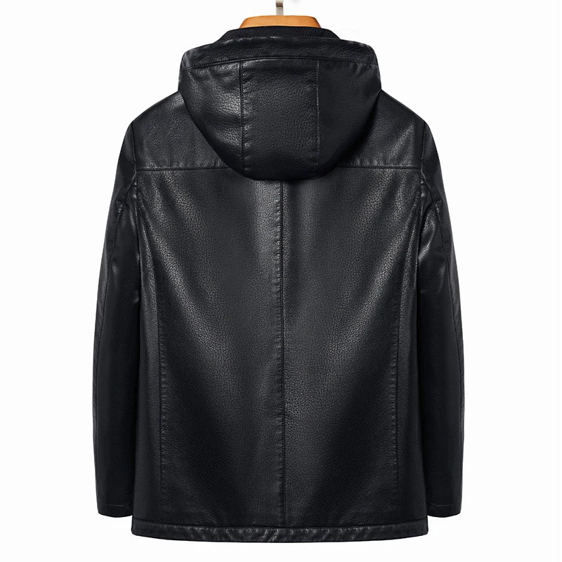 2024 High Quality Hooded Leather Fashion Handsome Trend Solid Color Casual Dad Dad Motorcycle Leather Jacket Upscale M-4XL