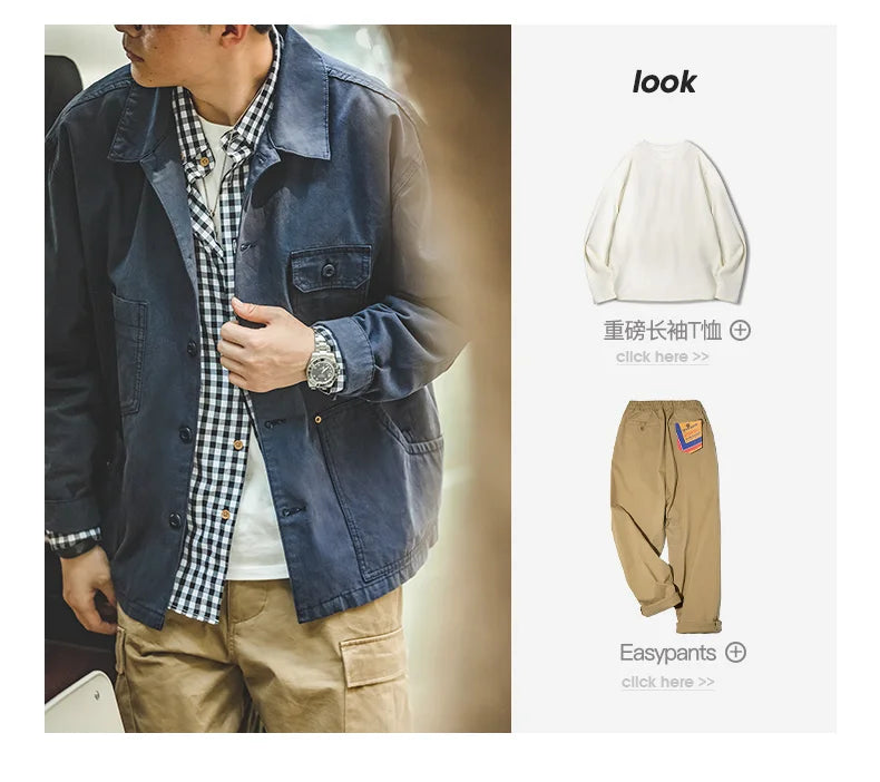 Maden Retro French Jacket Multi-Pocket Lapel Navy Heavyweight Single-breasted Hunting Coat for Men's Spring and Autumn Tops