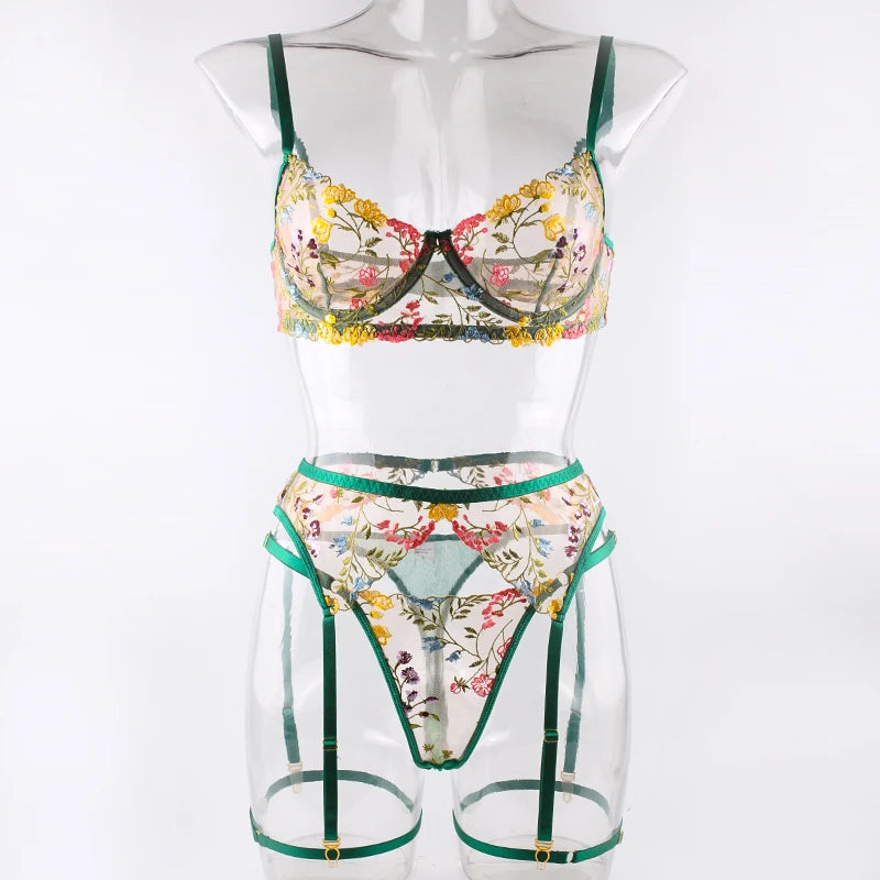 Ellolace Lingerie Sensual Lace Underwear Transparent Embroidery 3-Piece Garters Fancy Beautiful Short Skin Care Kits Intimate