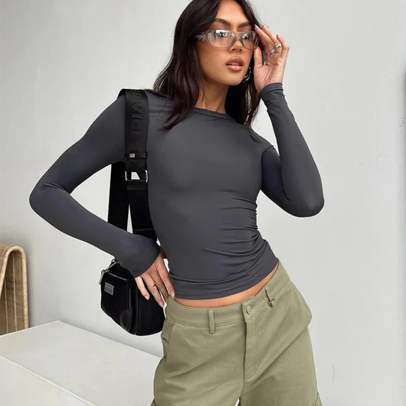 2024 Spring Autumn Women Y2K Pink T-Shirt Causal Long Sleeve Crop Tops O Neck Pullovers Base Tees Bodycon Slim Fit T Shirt
