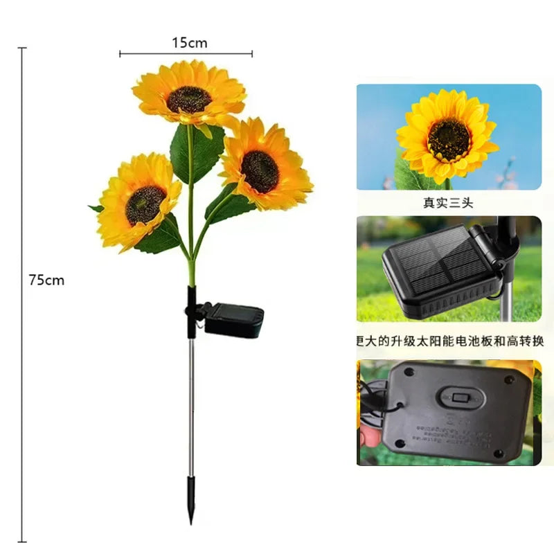 3 Head Solar Sunflower Lights Garden Stake Outdoor Decorative Waterproof LED Landscape Lights for Patio, Garden, Yard