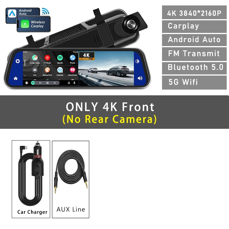 10" Dash Cam 4K 3840*2160P Car Dvr Carplay Android Auto GPS 5G WIFI AUX Stream RearView Mirror Dashcam Camera Drive Recorder FM