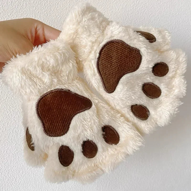Lovely Plush Cat Claw Paw Gloves Plush Mittens Warm Soft Plush Short Fingerless Fluffy Bear Gloves Costume Half Finger Gloves