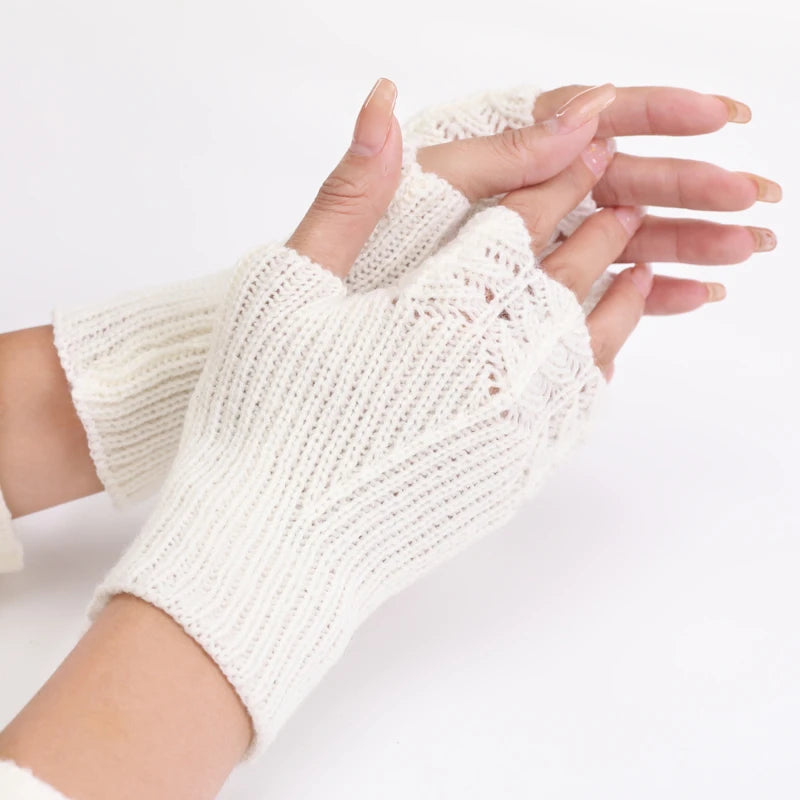 Women Winter Fingerless Gloves Warm Soft Wool Knitted Mittens Elegant Wrist Arm Hand Half Finger Elastic Short Gloves Guantes