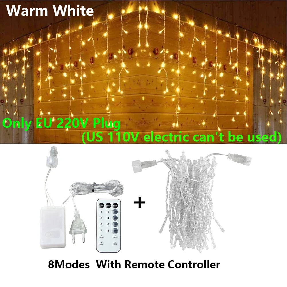 3.5-40M LED Icicle String Lights Christmas Curtain Fairy Lights Garland Remote Outdoor For New Year Wedding Street Holiday Decor