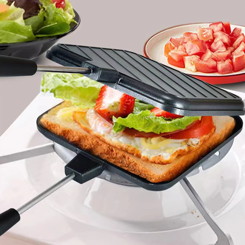 Double Sided Frying Pan Non-stick Grilled Sandwich Maker Heat-resistant Flip Grill Pan with Handle Outdoor Camping BBQ Tools