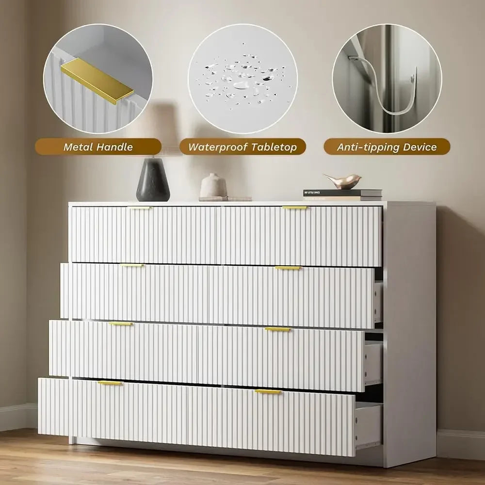 55" Wide Dresser Bedroom, Fluted 8-Drawer Double Dresser with Gold Handles, Modern Tall Chest of Drawers for Bedroom, Dressers