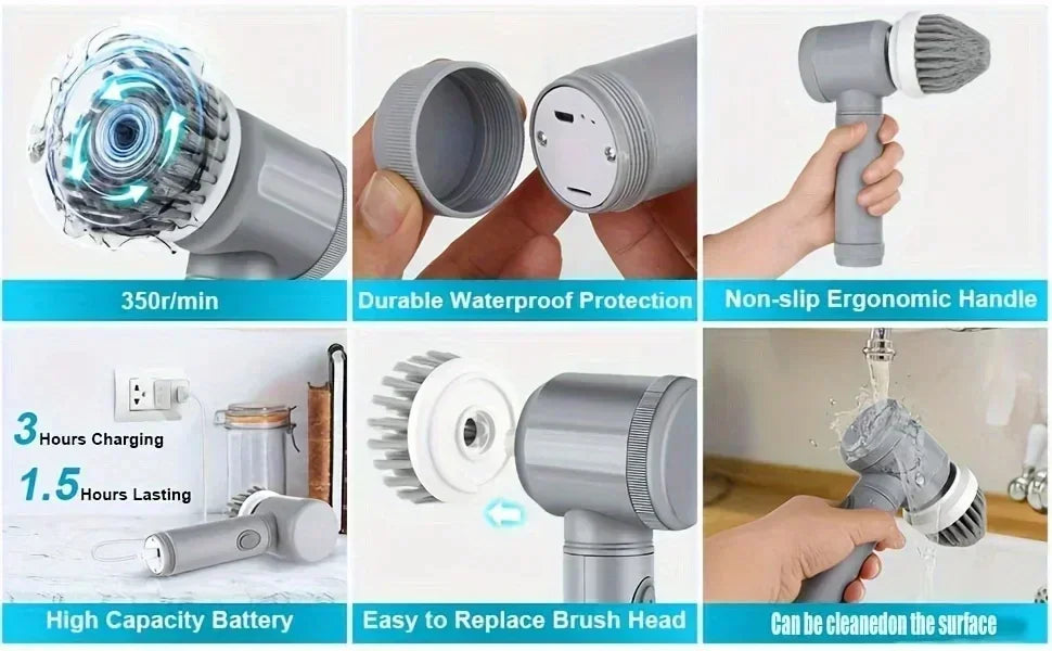 6-in-1 Electric Cleaning Brush Home Appliances Wireless Electric Floor Scrubber Replaceable Brush Head Bathroom Kitchen