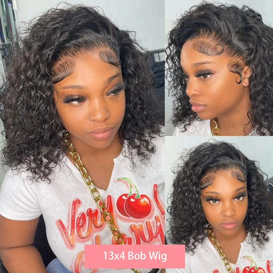 200 Density Short Curly Bob Deep Water Wave Wigs 100% Human Hair 13x4 Transparent Lace Frontal Wig 4x4 Lace Front Wig 12 14 Inch