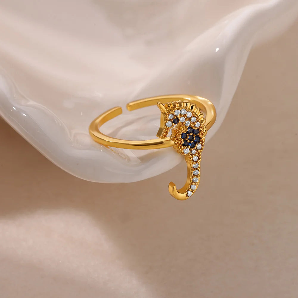 Dainty Zircon Shell Starfish Turtle Evil Eye Rings Stainless Steel Ring Women Anti Fading Golden Charm Jewelry Accessories Gifts