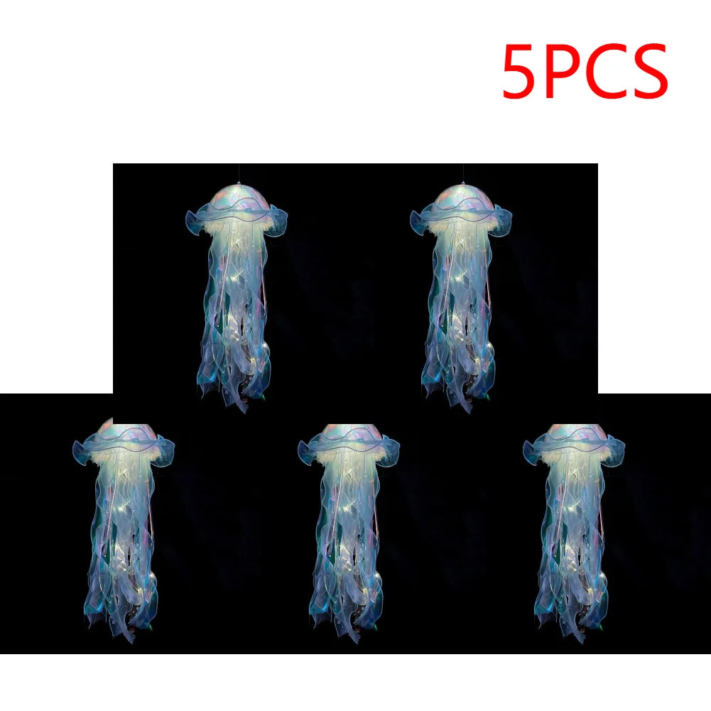 5PCS Jellyfish Bedroom Night Light Lamp Button Battery Hanging Atmosphere Decoration Lamp with Ribbon&Bead for Girl Bedroom 2024