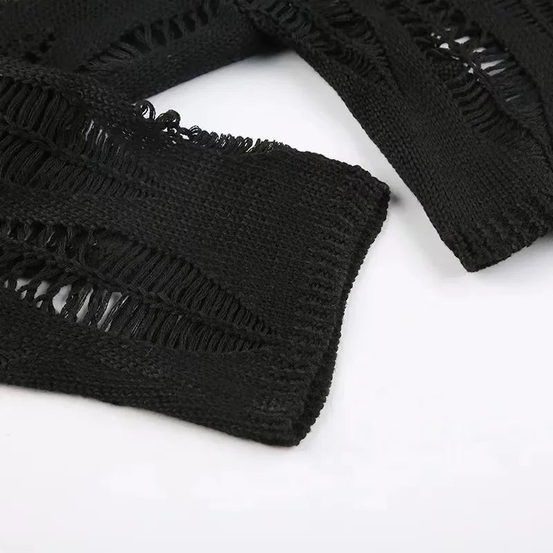 Perforated Hollow Out Knitted Blouse Sunscreen Long Sleeve Top Gothic Dark Black Sexy Thin Sweater Women's Summer Chic Crop Tops