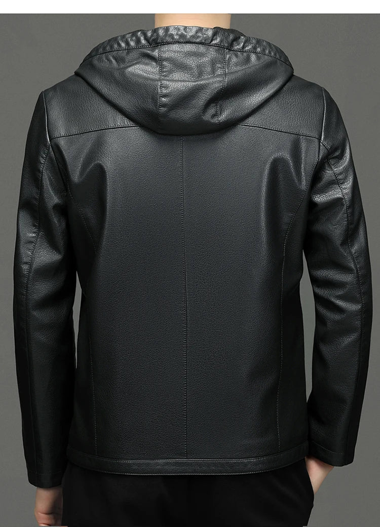 2024 High Quality Hooded Leather Fashion Handsome Trend Solid Color Casual Dad Dad Motorcycle Leather Jacket Upscale M-4XL